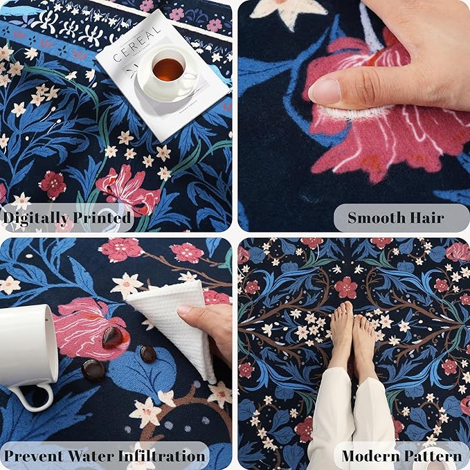 Area Rug 4x6 Rug Washable Vintage Floral Botanical Rugs Non Slip Low Pile Small Carpet for Bedroom, Bedside, Kids Room, Office, Dining Room, Blue