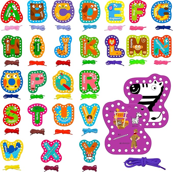 26PCS Kids Lacing Cards, 26 Double Sided Uppercase Sewing Cards with 26 Colorful Laces, Imagination Development Lacing Toys Games for Children Educational and Learning Activity