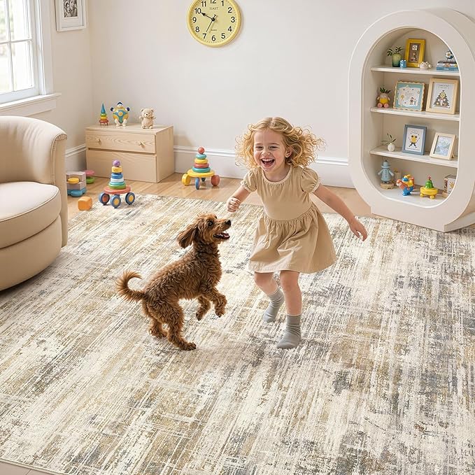 Area Rug for Living Room: 6x9 Washable Neutral Abstract Modern Soft Rugs Non Slip Indoor Floor Stain Resistant Large Carpet for Bedroom Dining Room Office Nursery - Golden Brown