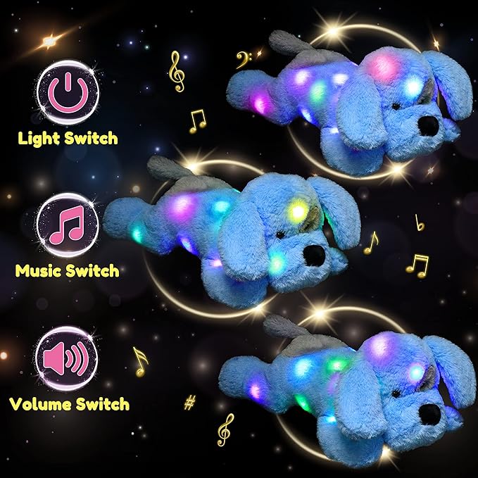 Hopearl LED Musical Stuffed Puppy Lighting Up Singing Plush Dog Adjustable Volume Lullaby Animated Soothe Birthday Festival for Kids Toddler Girls, Blue, 17''