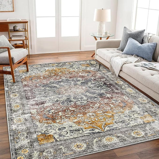 Area Rug 5x7 Washable Rug Brown Vintage Traditional Floor Cover Foldable Thin Retro Kitchen Accent Indoor Distressed Non Slip Carpet Bedroom Living Room Bathroom
