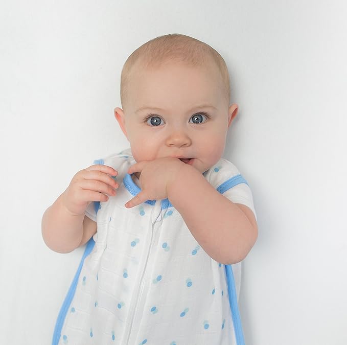 Amazing Baby Cotton Muslin Sleeping Sack, For Baby Boy or Girl, Wearable Blanket with 2-way Zipper, Dots, Blue, Small (0-6 Month)