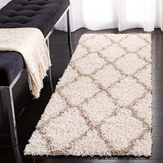 SAFAVIEH Dallas Shag Collection Runner Rug - 2'3" x 14', Ivory & Beige, Trellis Design, Non-Shedding & Easy Care, 1.5-inch Thick Ideal for High Traffic Areas in Living Room, Bedroom (SGDS257B)