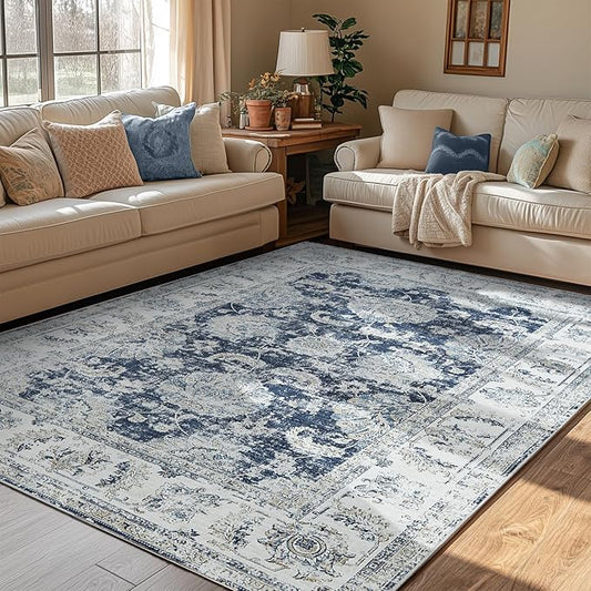 jinchan Vintage Floral 5x7 Area Rugs for Bedroom - Machine Washable Distressed Design Stain Resistant Boho Carpet Ultra-Thin Low Pile Non-Slip Rug for Living Room Dining Room Kitchen (5‘x7',Dark Blue)