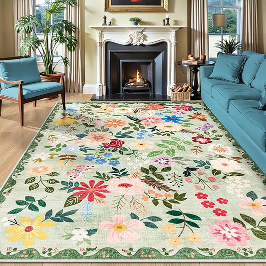 10x12 Area Rugs for Living Room: Floral Washable Rug Vintage Large Soft Boho Non-Slip Carpet Indoor Stain Resistant Low Pile Carpets for Bedroom Dining Room Farmhouse Nursery Hallway Home Office Green
