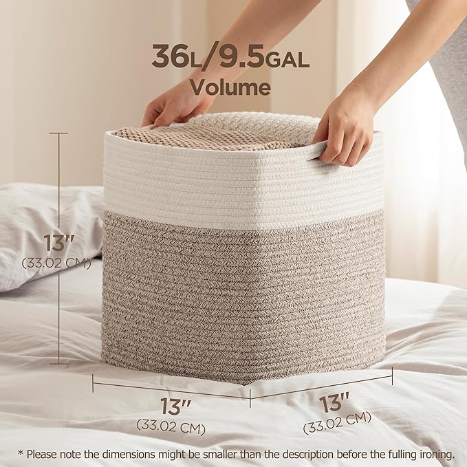 joybest Cube Storage Bins Set of 4, 13inch Cube Baskets Organizer for Nursery, Square Cotton Rope Baskets for Shelves Organizing, Kids Toy, Closet Storage, Brown and Cream White