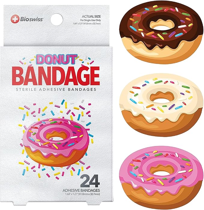 BioSwiss Bandages, Donut Shaped Self Adhesive Bandage, Latex Free Sterile Wound Care, Fun First Aid Kit Supplies for Kids, 24 Count