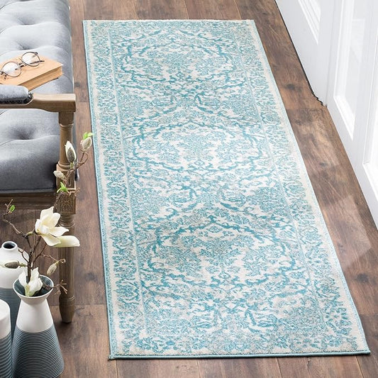 SAFAVIEH Evoke Collection 2'2" x 7' Ivory / Light Blue EVK242C Non-Shedding Living Room Entryway Foyer Hallway Bedroom Runner Rug