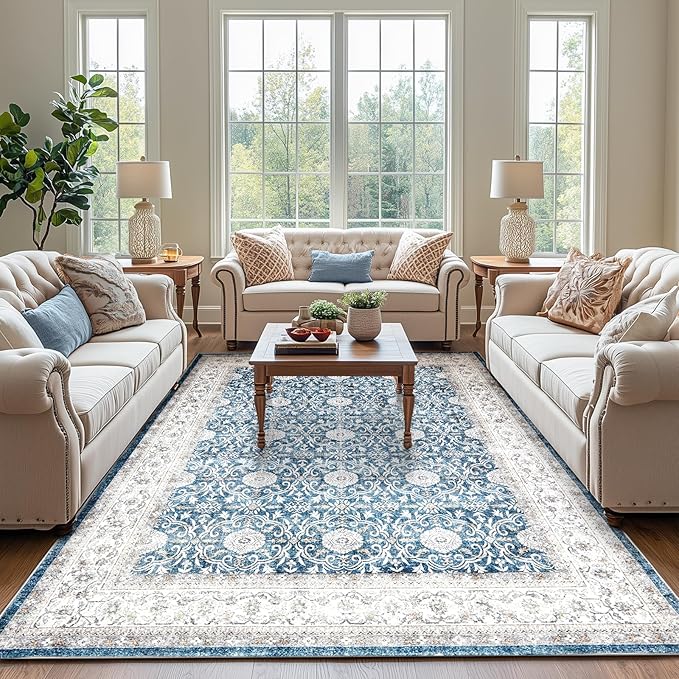 jinchan Floral 8x10 Area Rugs for Living Room Machine Washable Vintage Distressed Boho Design Throw Rug Stain Resistant Carpet Low-Pile Thin Non-Slip for Bedroom Dining Room Nursery (8‘x10',Dark Blue)