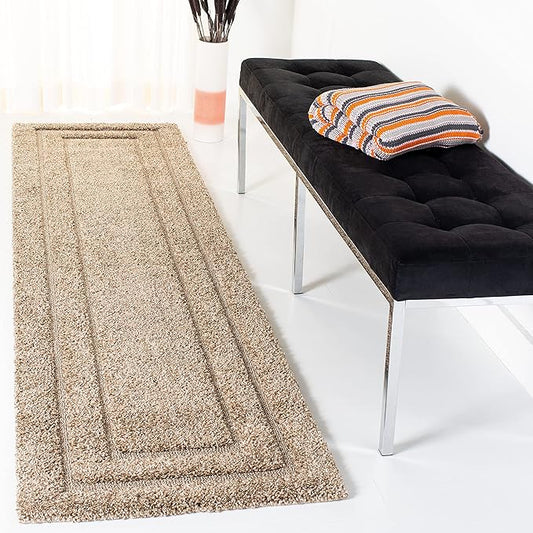 SAFAVIEH Florida Shag Collection Runner Rug - 2'3" x 8', Beige & Beige, Border Design, Non-Shedding & Easy Care, 1.2-inch Thick Ideal for High Traffic Areas in Living Room, Bedroom (SG454-1313)