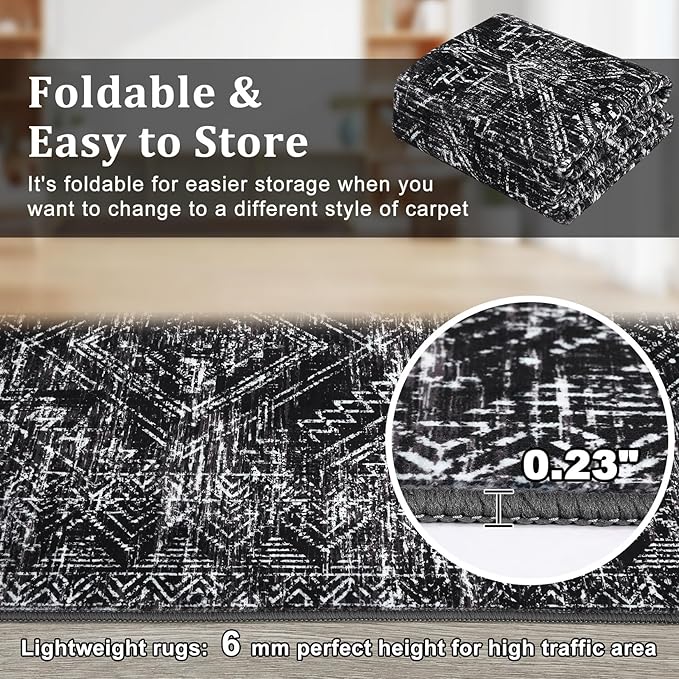 COZYLOOM 4x6 Washable Rug for Bedroom Vintage Non Slip Large Area Rug Geometric Soft Throw Rugs Low Pile Stain Resistant Carpet for Office Dining Room Living Room, Black