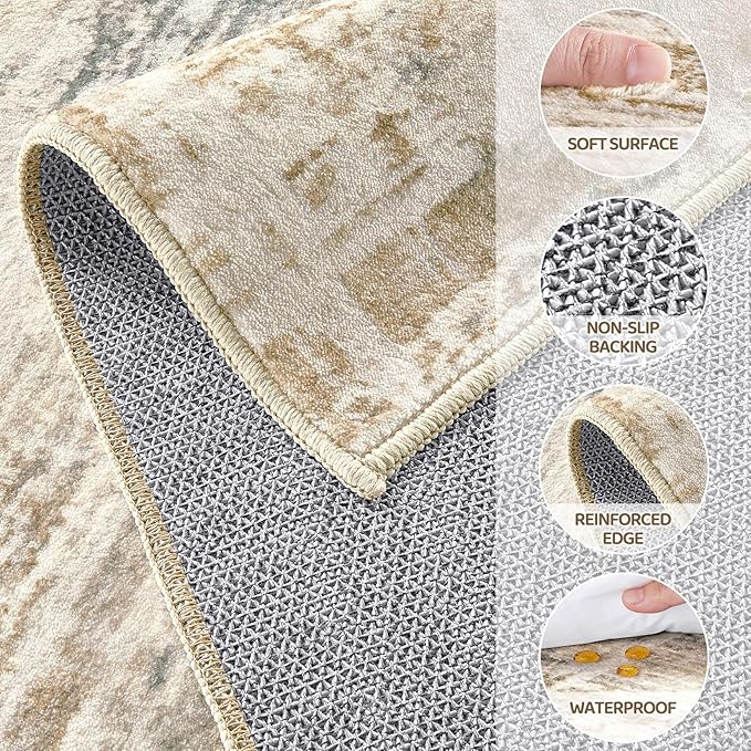 Area Rug for Living Room: 12x15 Washable Neutral Abstract Modern Soft Rugs Non Slip Indoor Floor Stain Resistant Large Carpet for Bedroom Dining Room Office Nursery - Golden Brown