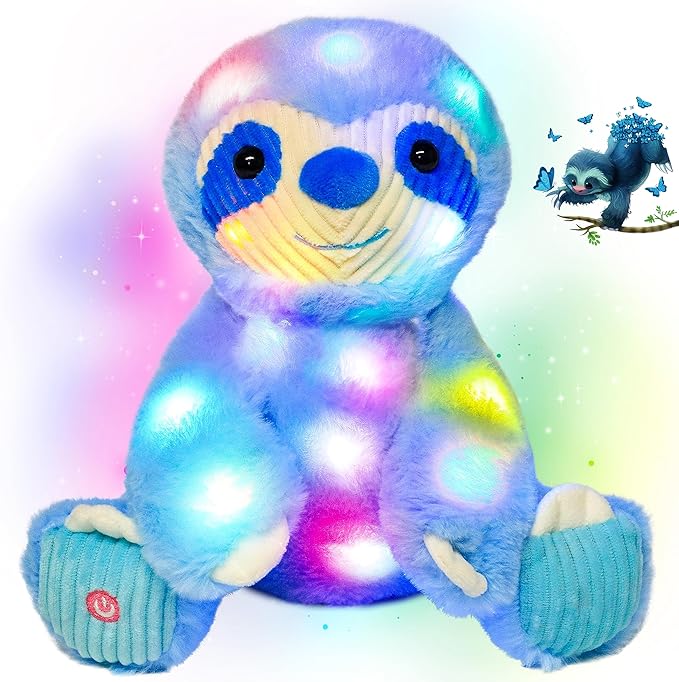 Cuteoy Light-up Plush Blue Sloth LED Stuffed Animal Birthday Christmas Plushies Toy Gifts for Kids Toddler Girls, 10.5"
