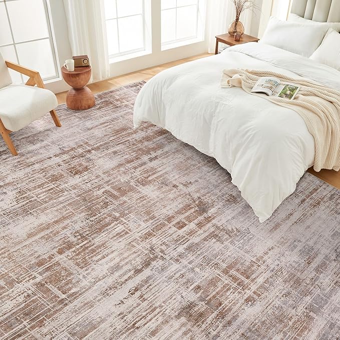Area Rug for Living Room: 6x9 Washable Neutral Abstract Modern Soft Rugs Non Slip Indoor Floor Stain Resistant Large Carpet for Bedroom Dining Room Office Nursery - Red Brown