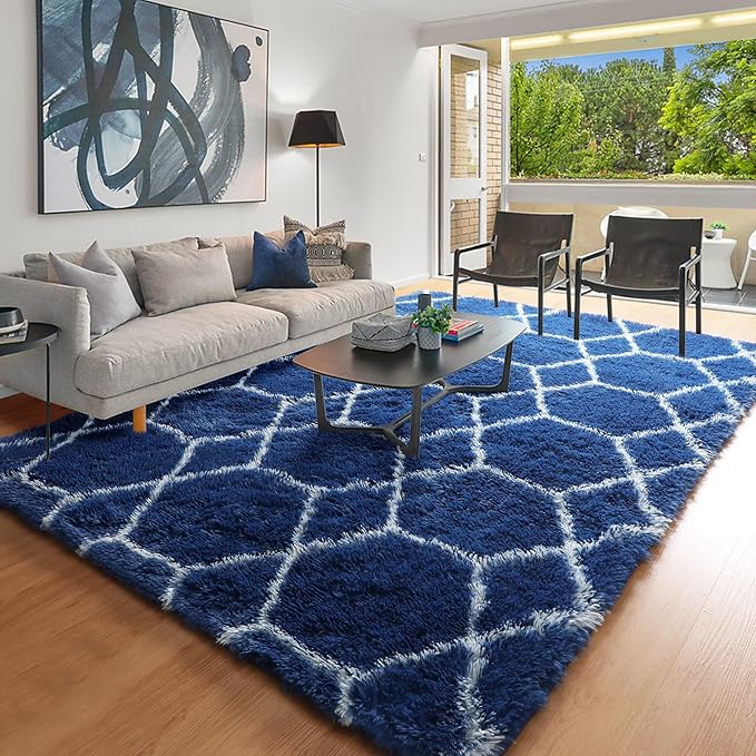 ONASAR Large 8x10 Area Rugs for Living Room, Fluffy Geometric Navy and White Rug for Boys Bedroom Home Decor Aesthetic, Soft Shaggy Plush Floor Carpet for Girls Teen Nursery Playroom Office Dorm