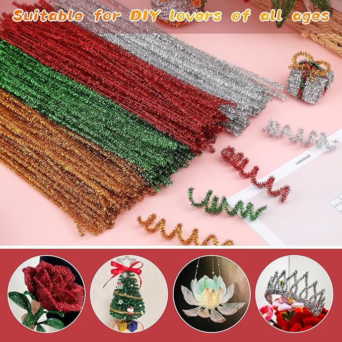 100Pcs Pipe Cleaners Craft, Glitter Pipe Cleaners Crafting Creative DIY Hand Craft Supplies for Festivals Decorations, Pipe Cleaners in Glitter Red