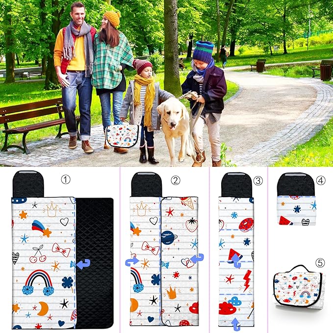 Poedist Extra Large Picnic Blanket Waterproof,80"x 80"Foldable Machine Washable Beach Blanket,Outdoor Blanket for 6-8 Adults,Suitable for Indoor Crawling,Park Beach,Camping,Hiking,Family Travel(Cute)