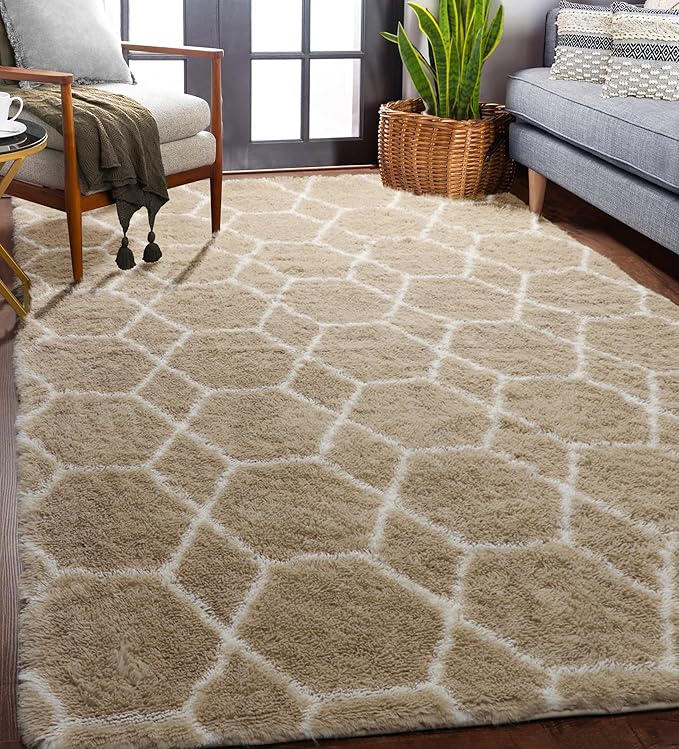 ONASAR Area Rugs for Bedroom Living Room, Washable 4x6 Fluffy Beige and White Throw Rug, Geometric Soft Shaggy Fuzzy Plush Indoor Floor Carpet for Kids Teen Nursery Dorm Office Home Decor Aesthetic