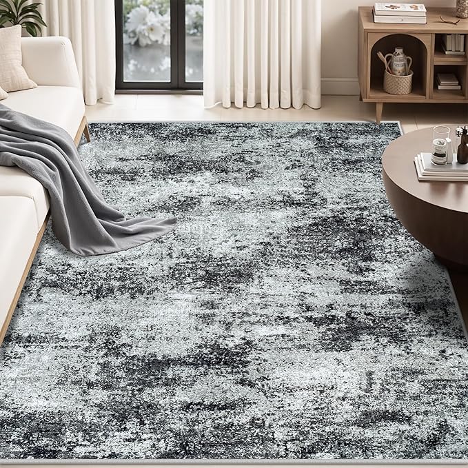 Area Rug Living Room Rugs: 5x7 Abstract Washable Rugs Ultra Soft Carpets with Non-Slip Backing Stain Resistant Carpet for Dining Room Table Bedroom Nursery Indoor Home Office Dark Black/Gray