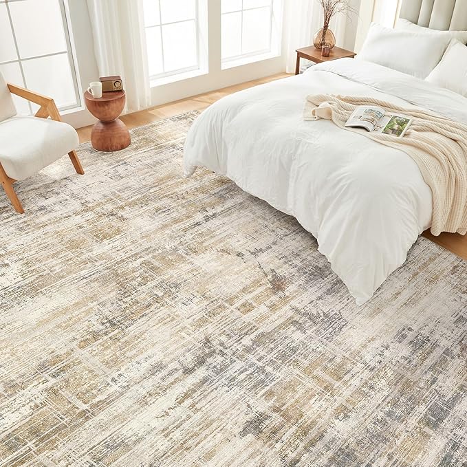 Area Rug for Living Room: 8x10 Washable Neutral Abstract Modern Soft Rugs Non Slip Indoor Floor Stain Resistant Large Carpet for Bedroom Dining Room Office Nursery - Golden Brown
