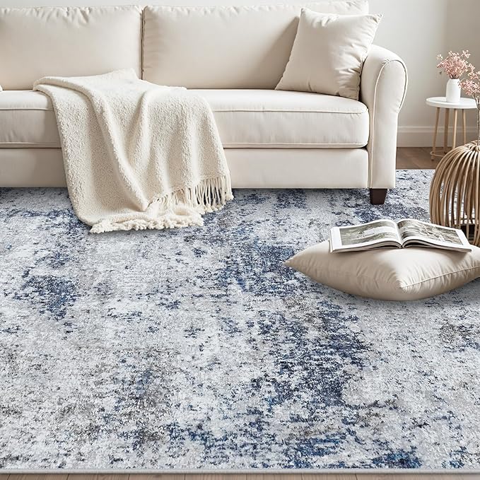 Washable Rug 6x9 Area Rugs: Abstract Washable Rugs with Non-Slip Backing, Stain Resistant Indoor Floor Carpet for Bedroom Dining Room Table Nursery Hallway Home Office Blue/Gray/Black