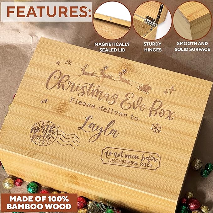 Custom Christmas Eve Box - North Pole Delivery Box - Xmas Gift Boxes for Gifts - Christmas Tree Present Boxes Personalized - Large Santa Storage Chest - Reusable Holiday Decor 11 x 8 x 4.75 in