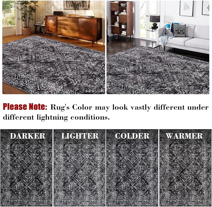 COZYLOOM Area Rug 6x9 Washable Rug for Bedroom Office Dining Room Living Room Vintage Non Slip Large Area Rug Geometric Soft Throw Low Pile Stain Resistant Carpet, Black