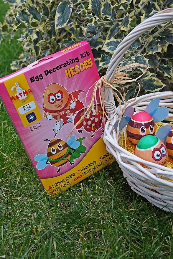 METMA 1999 Egg Decorating Kit Heroes - Complete Decorative Eggs Set with Liquid Dyes, Stickers, Egg Spinner, and More - Fun Easter Egg Dye Kit Arts and Crafts for Kids