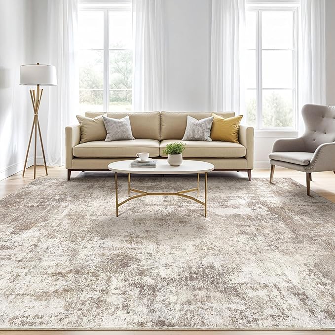 Area Rugs 9x12 Living Room: Washable Large Abstract Soft Rugs Stain Resistant Indoor Floor Non-Slip Accent Carpet for Women Modern Home Enthusiasts Aged 25-45 - Bedroom Nursery Playroom- Beige Brown