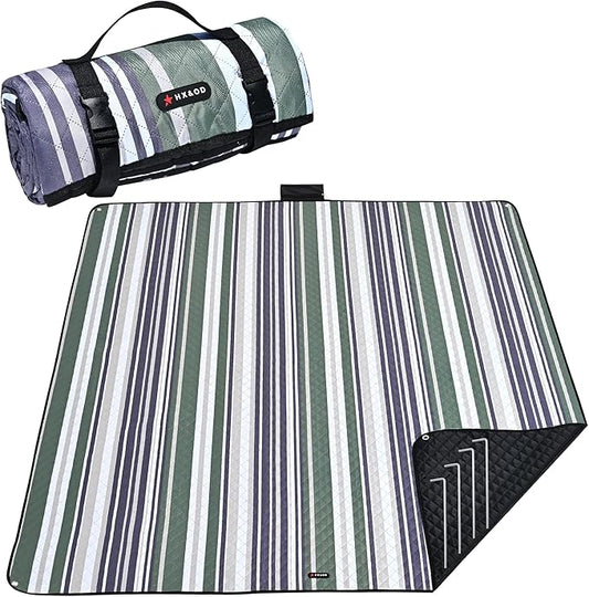 HX&OD Outdoor Picnic Blanket Extra Large, 80''*80' Waterproof Picnic Mat with Stakes Foldable Camping Blanket Portable with Carry Strap for Beach Mat (Green, 80''*80'')