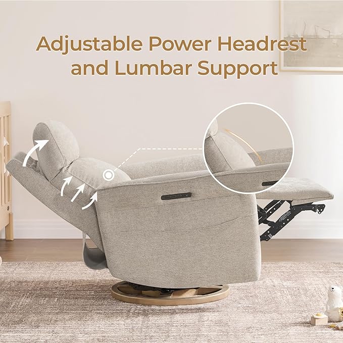 CHITA Power Recliner Chair, Electric Triple-Motor Swivel Glider Nursery Rocking Chair with Adjustable Power Headrest and Lumbar Support, GREENGARD Gold Certified, Solid Wood Base, Khaki Grey