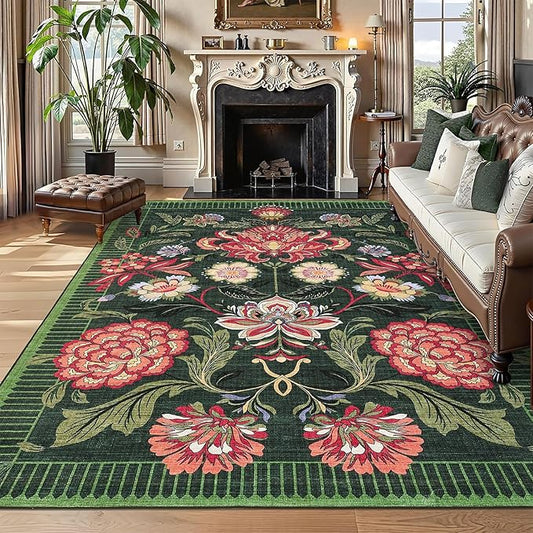 GarveeHome Forest Green Floral Botanical Washable 8x10 Rug for Living Room Soft Vintage Boho Cottage Large Rugs Low-Pile Carpet for Bedroom Dining Nursery Rug