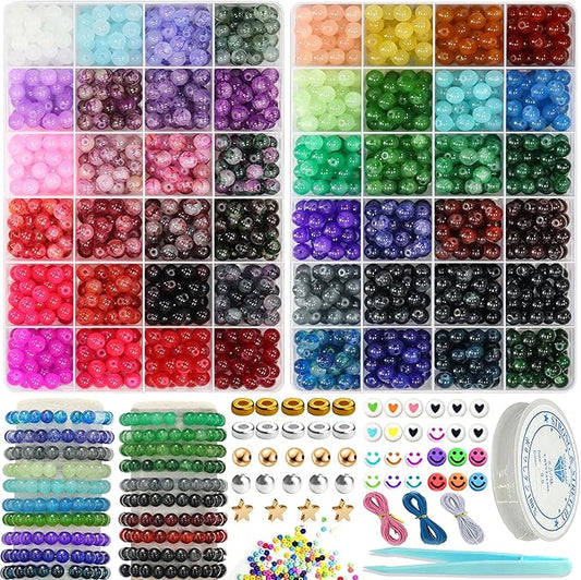 JULIMAIDONG 8mm Glass Beads for Bracelets 2100pcs, 48 Colors Round Crystal Glass Bracelet Making Kit for Jewelry Making Kits Bead DIY Crafts with Spacer Charms Accessories (48Color(Solid+Printing)