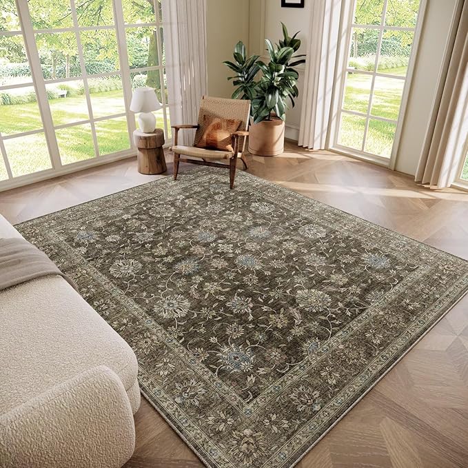 Washable 5x7 Area Rugs for Living Room, Boho Non-Slip Silicone Backing Rugs for Bedroom Dining Room Nursery Office, 0.3" Neutral Oriental Throw Carpet with 0.16" Cushioning Pad, Flaxen/Multi