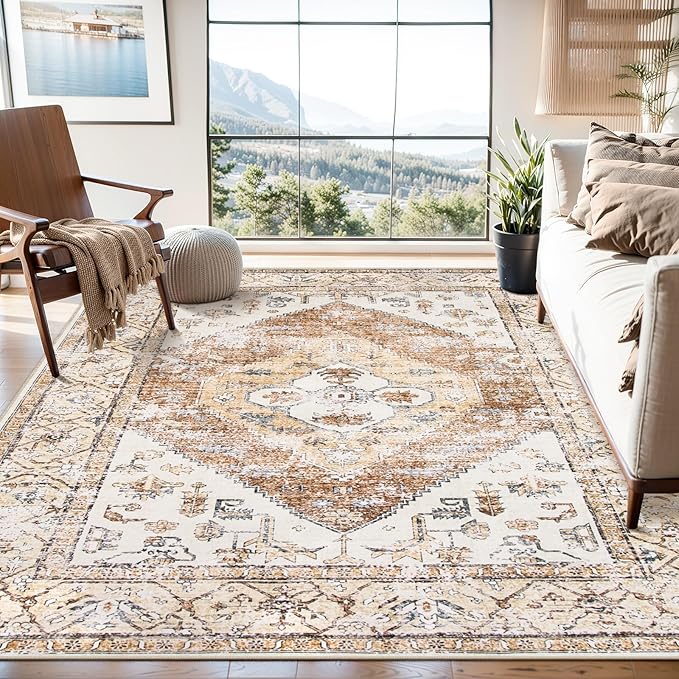 Lahome Washable Living Room Area Rugs 8x10 - Boho Ultra-Thin Non-Slip Bedroom Rug 8x10 Under Bed, Farmhouse Neutral Print Floor Carpet for Dining Room Office (Taupe,8'x10')