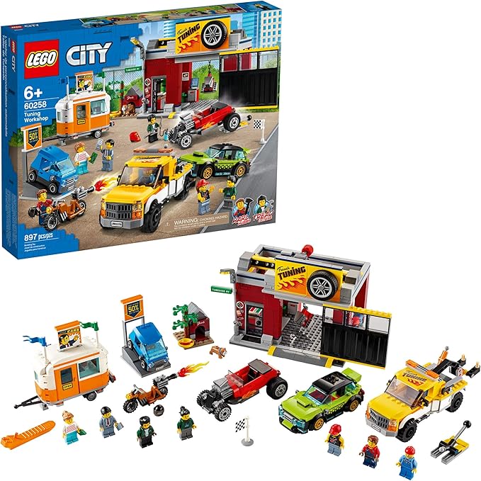LEGO City Tuning Workshop 60258, Features a Toy Garage, Car Shop, Camping Trailer, Motorcycle, Crane and Tow Truck in One Fun Playset, Makes a Great Gift for Kids