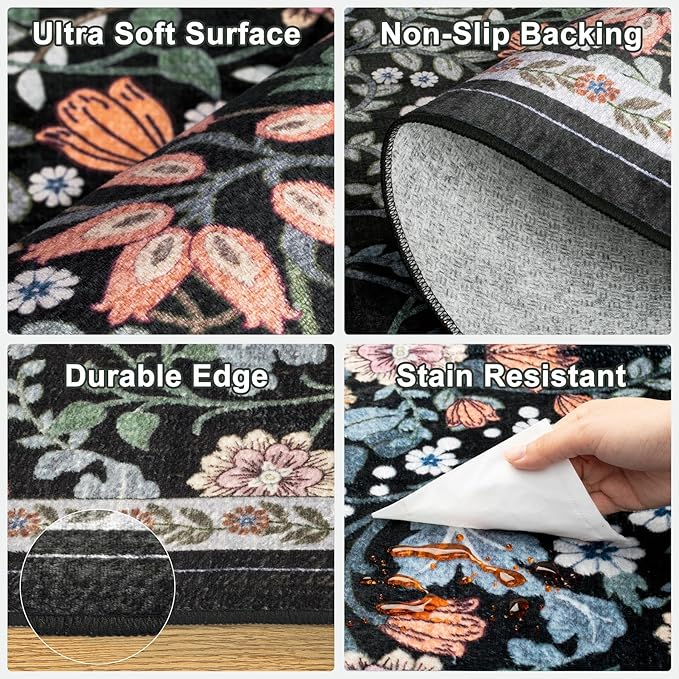 10x12 Area Rugs for Living Room: Floral Washable Rug Vintage Large Soft Boho Non-Slip Carpet Indoor Stain Resistant Low Pile Carpets for Bedroom Dining Room Farmhouse Nursery Home Office Dark Black