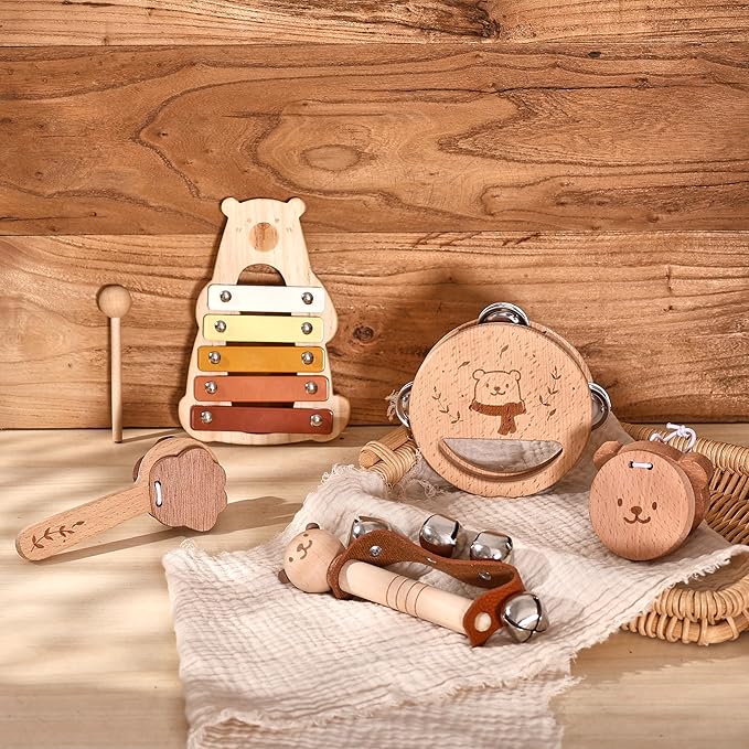 EERKEOD Toddlers Montessori Wooden Toys Percussion Musical Instruments with Xylophone Set for Girls Boys Kids Preschool Educational Toys