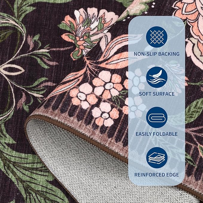 GarveeHome Plum Pink Floral Botanical Washable 9x12 Area Rug for Living Room Soft Black Purple Vintage Boho Cottage Large Rugs Low Pile Carpet for Bedroom Dining Nursery Rug