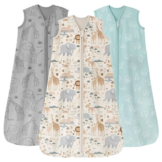Baby Sleep Sack 0-6 Months 0.5 Tog Wearable Blanket Baby, 3 Pack 100% Cotton Lightweight Sleeping Sack with 2-Way Zipper for Newborn Infant Apricot Gray Green Elephant