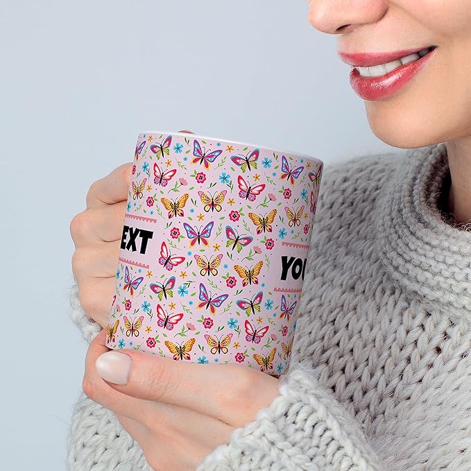 Personalized Mug for Kids - Butterflies - Custom Name/Text, Ceramic Hot Chocolate/Cocoa/Coffee Cup for Girls, Birthday/Christmas/Holiday Gift - 11 oz, Pink Handle