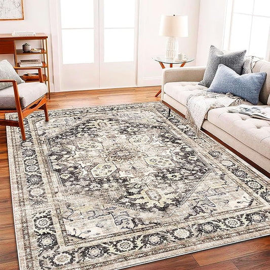 Area Rug 6'x9' Black-Purple Khaki Washable Vintage Traditional Floor Cover Thin Retro Kitchen Indoor Distressed Non Slip Carpet for Living Room Bedroom Dining Room