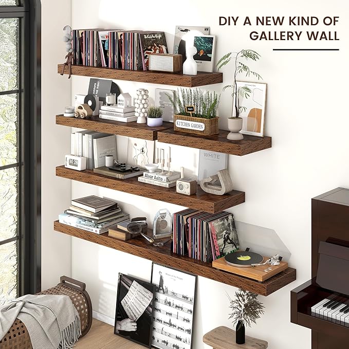 Floating Shelves for Wall, Large Wall Mounted Shelves with Invisible Brackets, Long Wood Floating Shelf for Living Room, Bedroom, Kitchen, (Brown, 55" W x 9" D x 1.5" H)