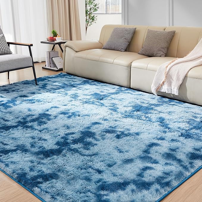 Ultra Soft Rug for Living Room, 9X12 Fluffy Shag Area Rug for Bedroom, Modern Shaggy Carpets Fuzzy Rug for Teens Dorm Nursery Home Decor Aesthetic, Upgrade Anti-Skid Durable, Tie-Dyed Blue Grey