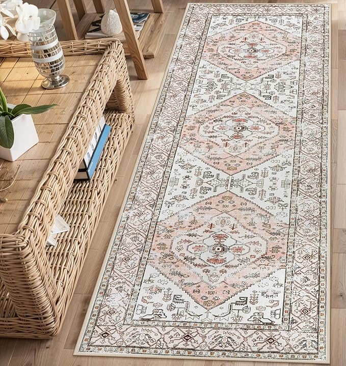 Lahome Boho Washable Non-Slip Pink Rug - Ultra-Thin Non-Shedding Bedroom Bathroom Carpet Runner for Hallway Entryway (Pink, 2'x6')