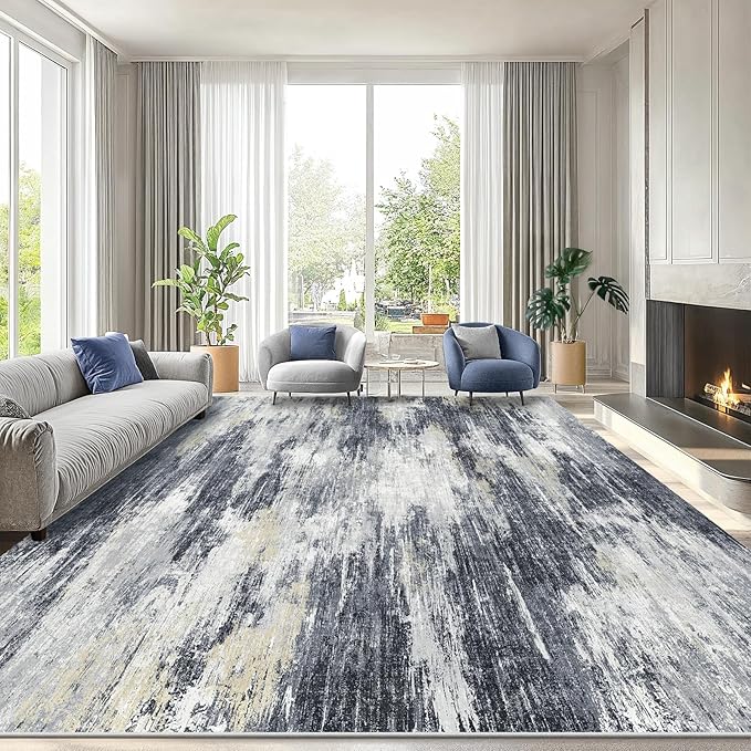 Amada 8x10 Area Rug, Modern Abstract Living Room Rug with Non-Slip Backing & Short Pile, Large Washable Rug with Abstract Pattern for Living Room, Bedroom and Dinning Room, Light Grey