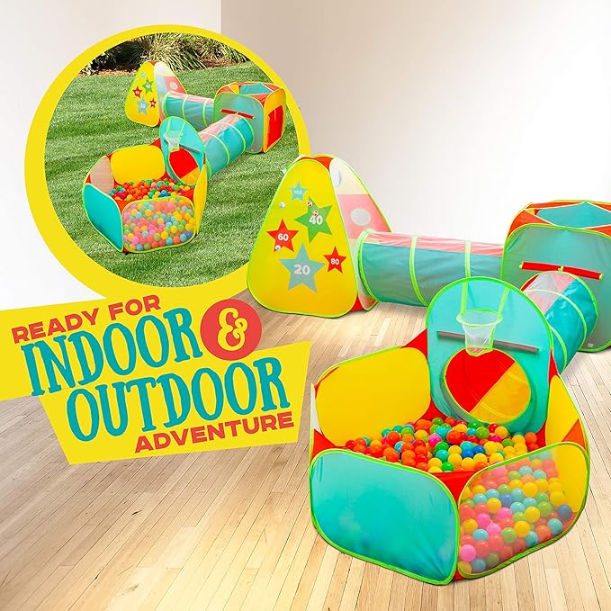 5pc Kids Play Tent for Toddlers with Ball Pit, Crawl Tunnel, Indoor & Outdoor Playhouse, Jungle Gym, Toys for Boys & Girls, Includes Dart Balls, Teepee & Basketball Hoops