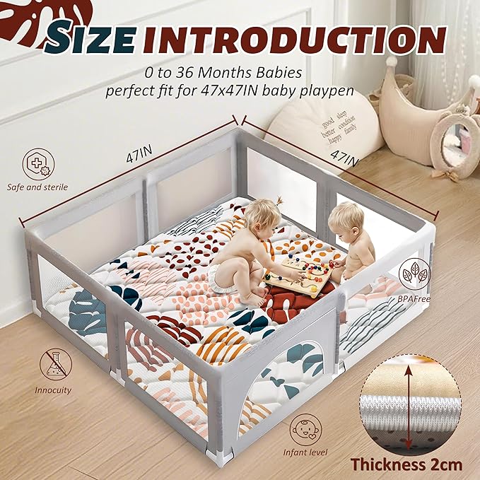 Baby Play Mats for Floor, 47x47 Playpen Mat for Babies, Extra Thicker & Soft Floor Crawling Mat, Foldable Non-Slip Playmat Cushioned for Infants Toddlers, Boho Leaf Design