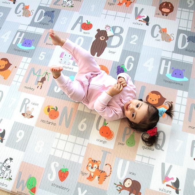 Cushmat Stylish Reversible Foam Play Mat (Large, Crystals Gray - Tropical Safari) - Soft, Waterproof, Durable Play mat for Infants, Babies, Toddler, Kids & Grownup - 6.5ft x 4.5ft