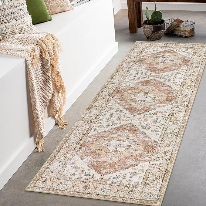 Lahome Boho Washable Runner - 2x5 Rug Runner Non-Slip Lightweight Laundry Room Rug Throw Non-Shedding Long Bathroom Carpet, Oriental Accent Print Indoor Carpet for Kitchen Hallway Bedroom